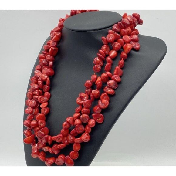 925 Sterling Clasp 19" Triple Strand Mediterranean Red Coral Necklace - Picture 2 of 6